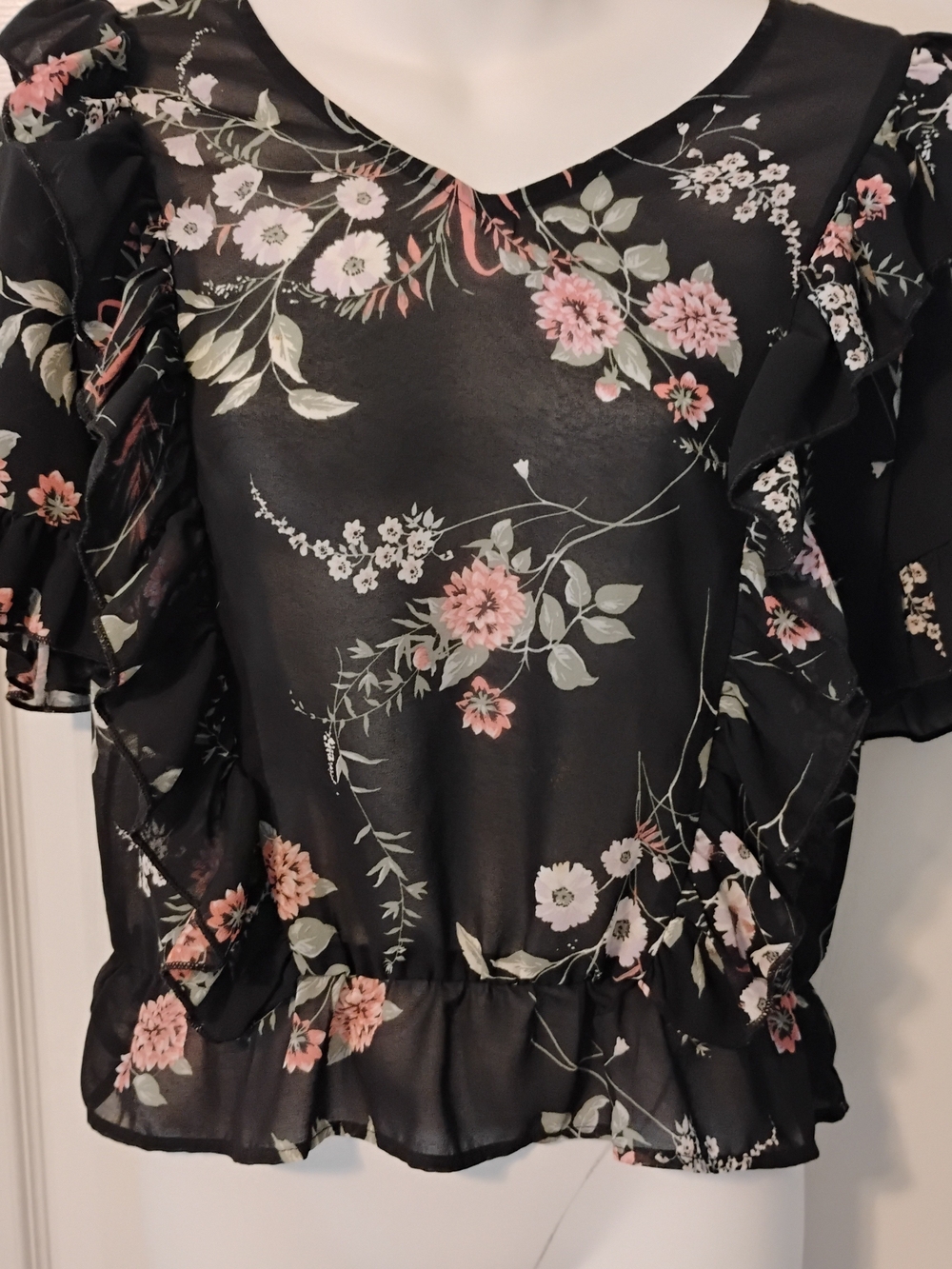 Lily White Black Floral Ruffle Blouse with Pink & Cream Blooms